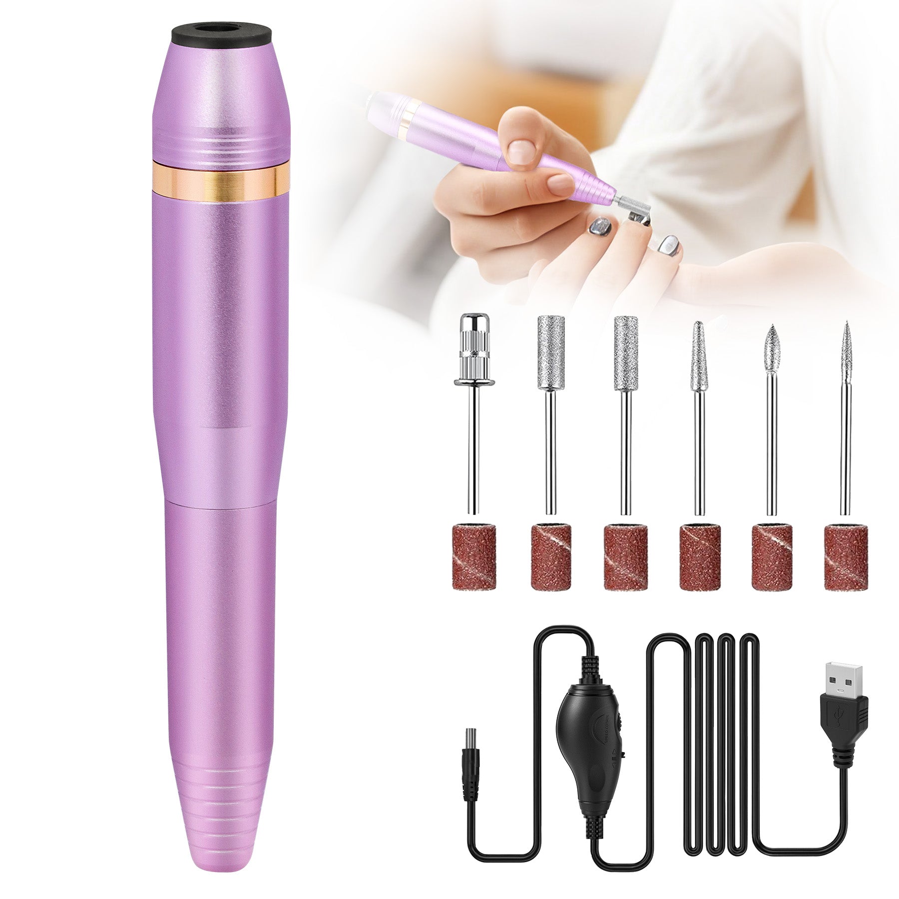 Portable Electric Nail Drill, Professional Nail File Kit for Acrylic Acid, Gel Nail, Nail Trimming with Nail Drill, Pedicure Abrasive Belt, Rose Gold