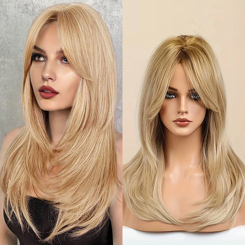 Blonde Wig Long Curly Hair Non-Toxic Wig, Shoulder-Length Heat-Resistant, Synthetic Wig Bangs, 20 Inches , Suitable for the Whole Scene.