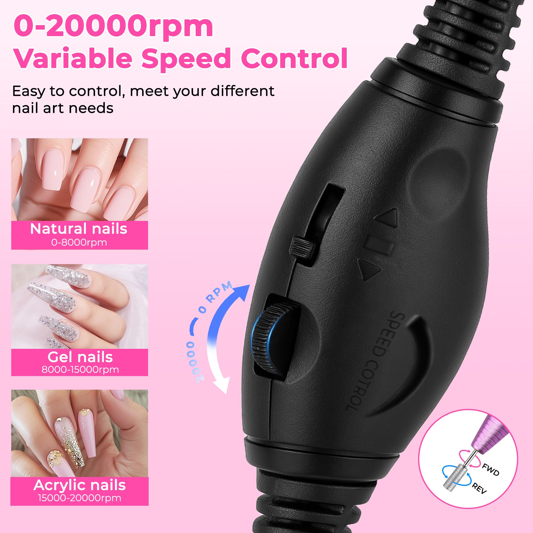 Portable Electric Nail Drill, Professional Nail File Kit for Acrylic Acid, Gel Nail, Nail Trimming with Nail Drill, Pedicure Abrasive Belt, Rose Gold